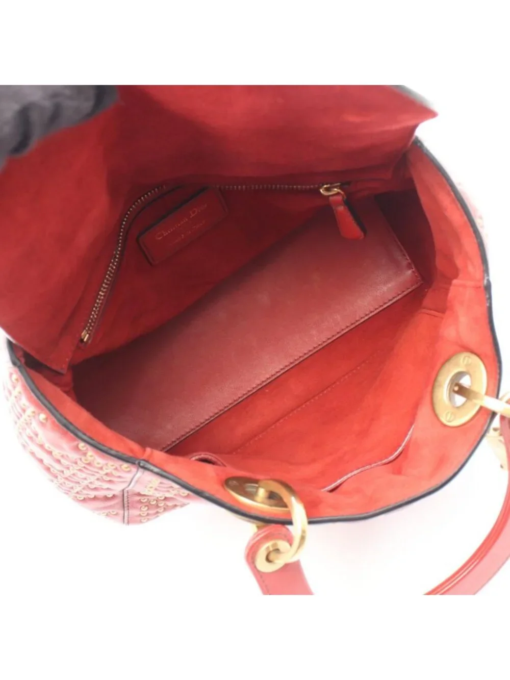 Dior Handbag Lady Dior 2-Way Red Leather Lady Dior Studs Tote